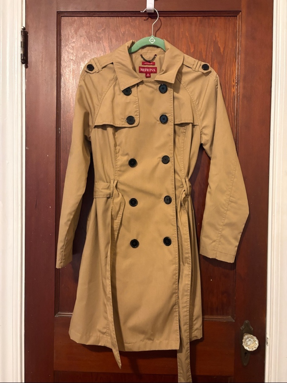 Merona Women's Khaki Double-Breasted Trench Coat with Waist Tie - Picture 4 of 10